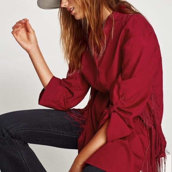 Zara Oversize Tunic With Western Side Fringe In Red Cotton Poplin Size XS EUC - Picture 3 of 15